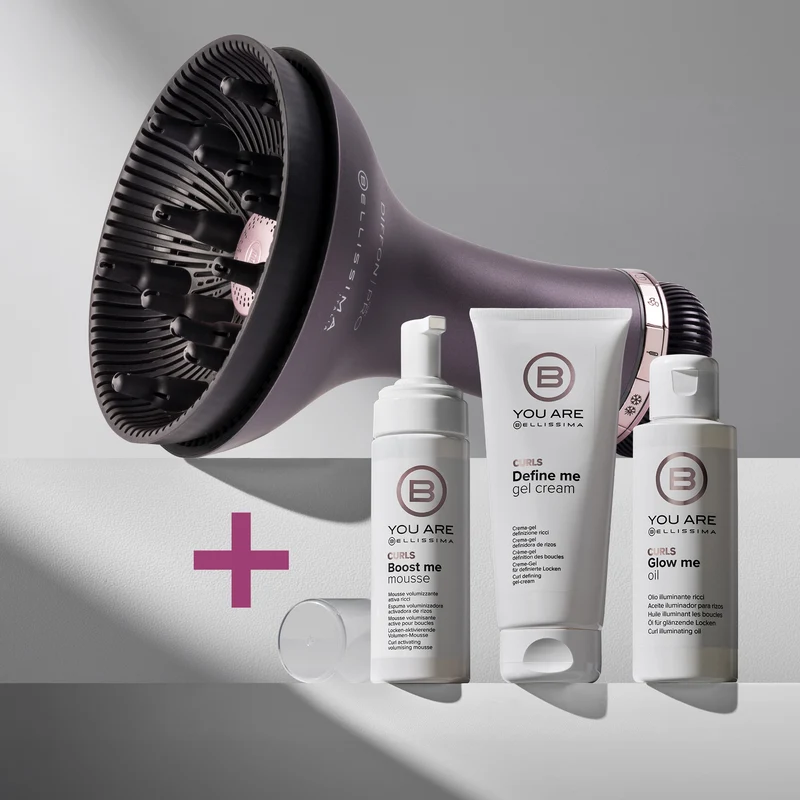 Kit styling completo capelli ricci con Diffon Pro Curl, crema-gel Define Me Cream-Gel, mousse volumizzante Boost Me Mousse e olio Glow Me Oil