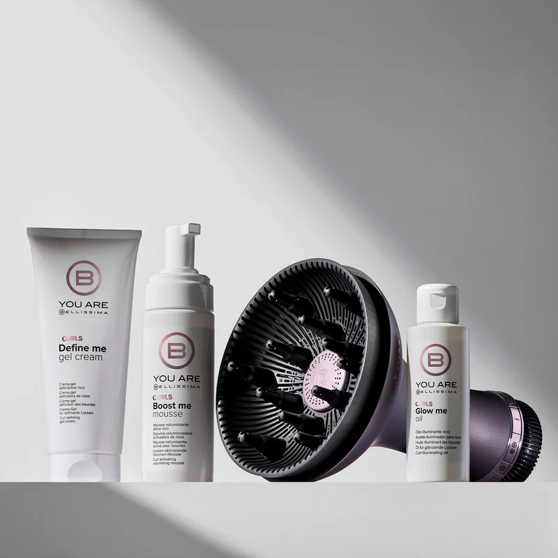 Kit styling completo capelli ricci con Diffon Pro Curl, crema-gel Define Me Cream-Gel, mousse volumizzante Boost Me Mousse e olio Glow Me Oil