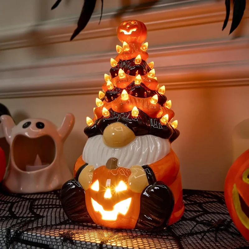 Pumpkin Gnome Ceramic Tree With Battery Powered Halloween Decor