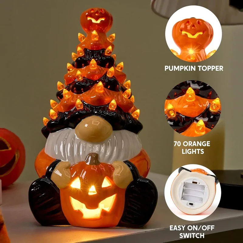 Pumpkin Gnome Ceramic Tree With Battery Powered Halloween Decor