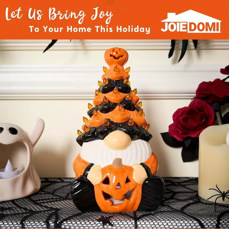 Pumpkin Gnome Ceramic Tree With Battery Powered Halloween Decor
