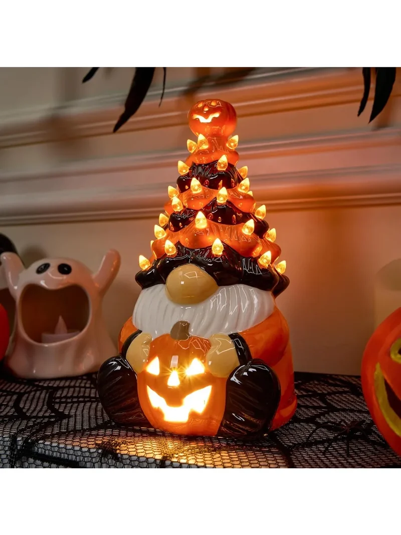 Pumpkin Gnome Ceramic Tree With Battery Powered Halloween Decor