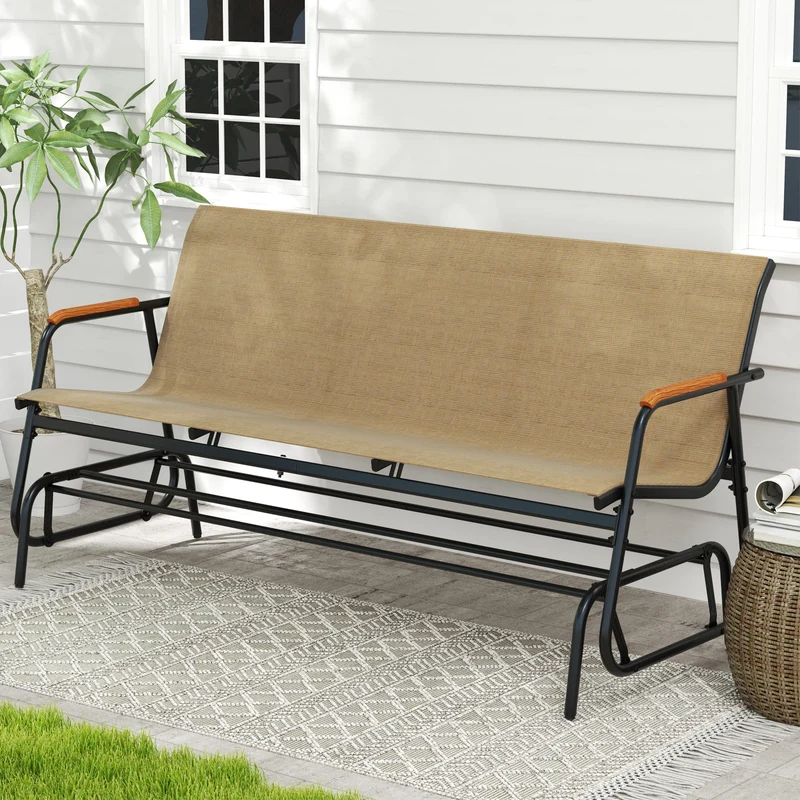 LIFEZEAL Patio Glider Bench With Curved Teak Armrests For Porch