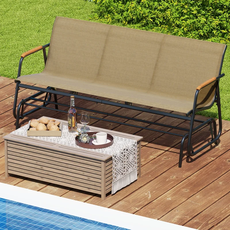 LIFEZEAL Patio Glider Bench With Curved Teak Armrests For Porch