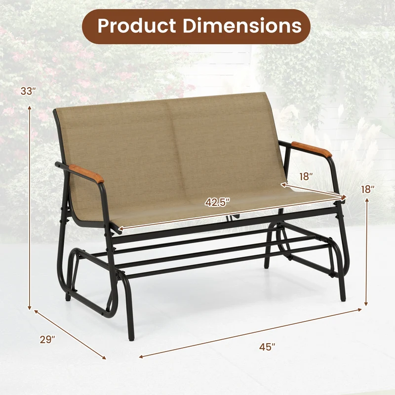LIFEZEAL Patio Glider Bench With Curved Teak Armrests For Porch