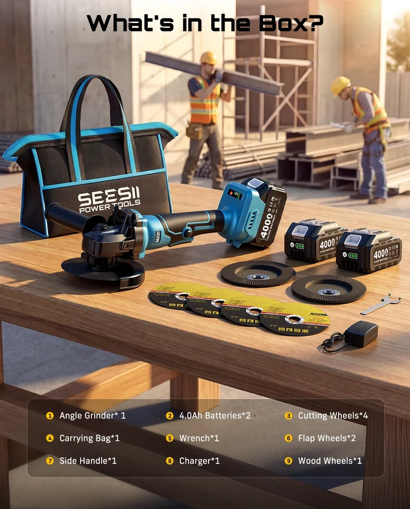 Seesii Cordless Brushless Angle Grinder Variable Speed Power Tool