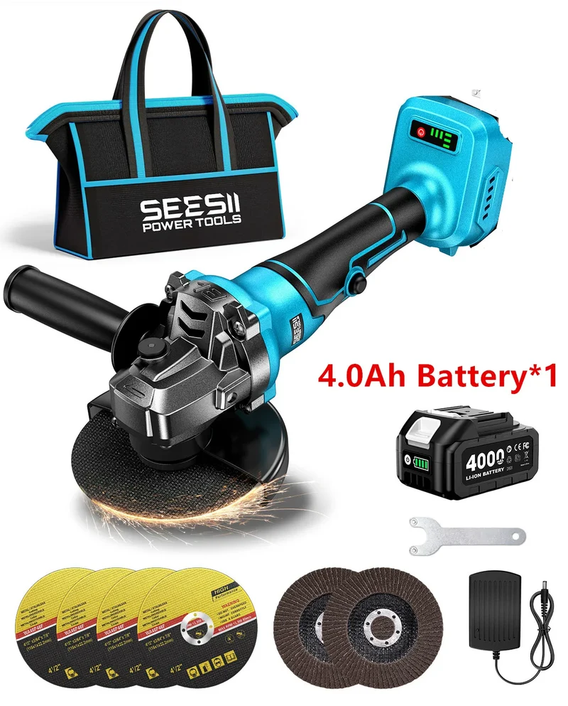Seesii Cordless Brushless Angle Grinder Variable Speed Power Tool