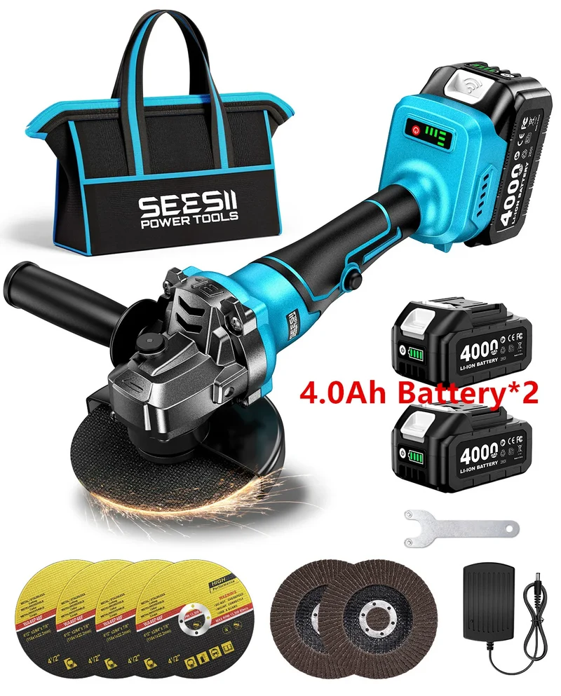 Seesii Cordless Brushless Angle Grinder Variable Speed Power Tool