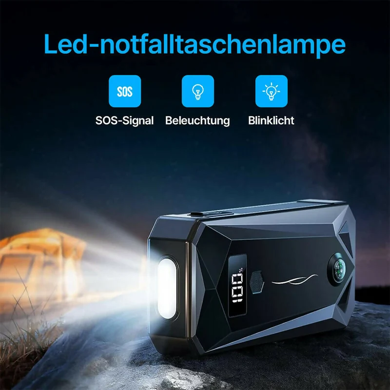 Starthilfe Powerbank / 6000 A Spitzenstrom / Für alle Fahrzeugtypen / Inkl. Taschenlampe & Kompass / 2 USB-Ausgänge / Mit Explosions- & Verpolungsschutz