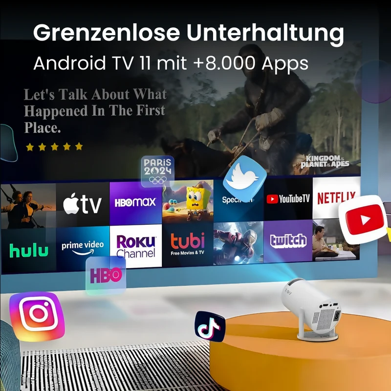 Tragbarer 4K Mini Beamer mit Android TV 11