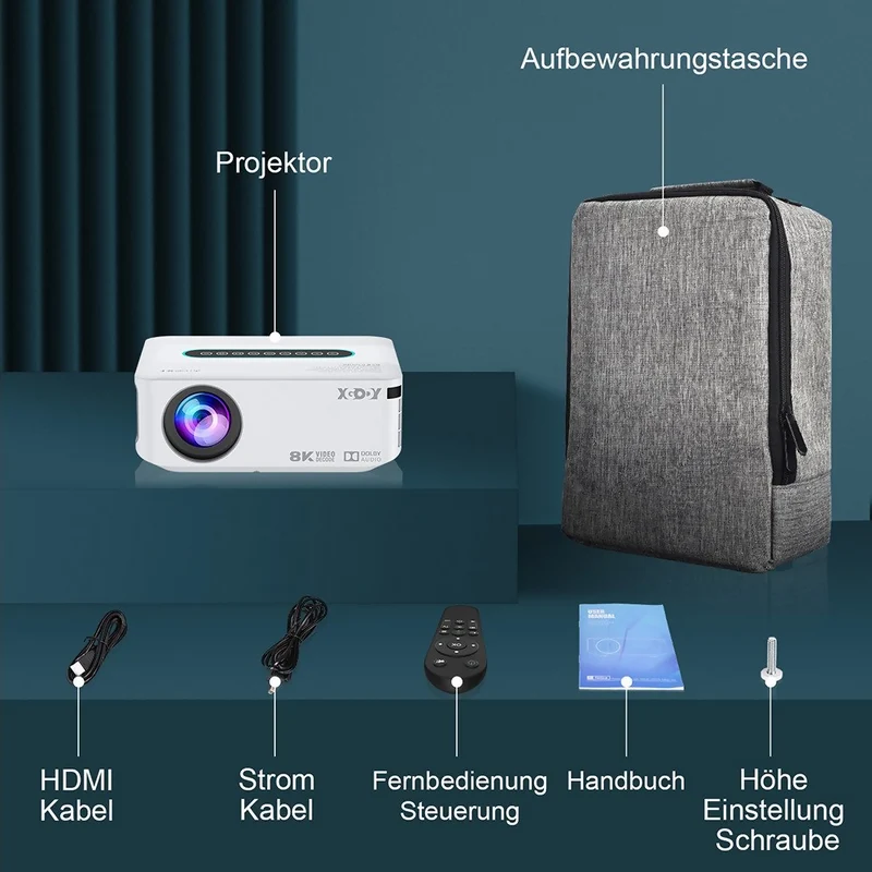 4K & 8K Support Beamer mit 5G WiFi, Bluetooth, 1080P HD, 8000+ Apps, Dolby Sound Smart Portable Beamer mit Tasche