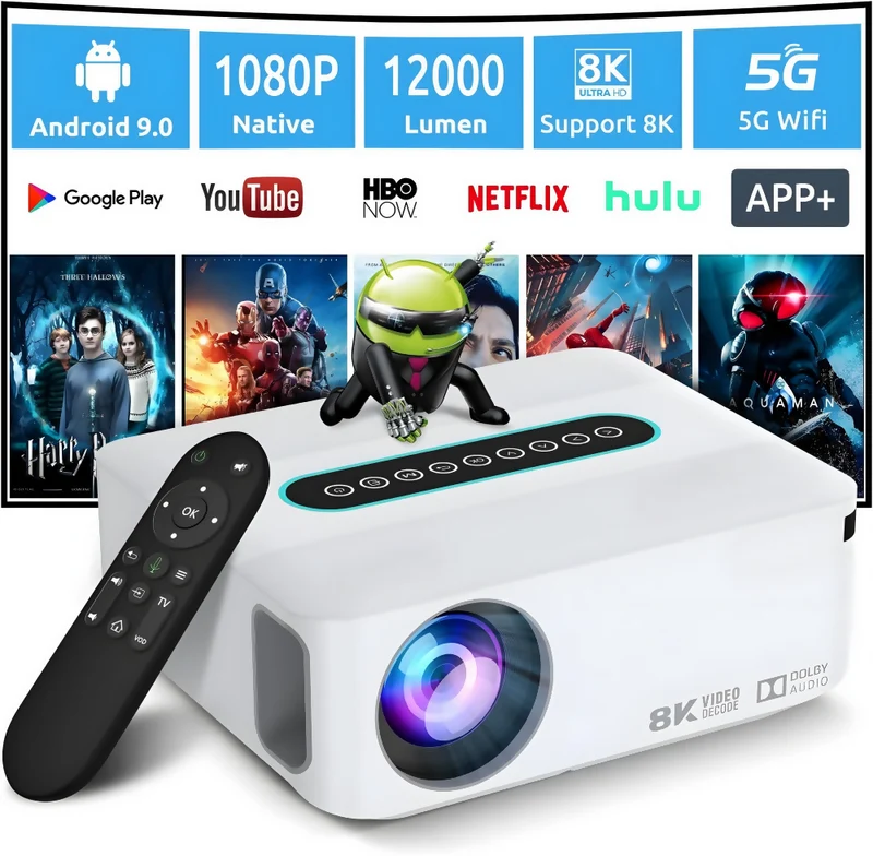 4K & 8K Support Beamer mit 5G WiFi, Bluetooth, 1080P HD, 8000+ Apps, Dolby Sound Smart Portable Beamer mit Tasche