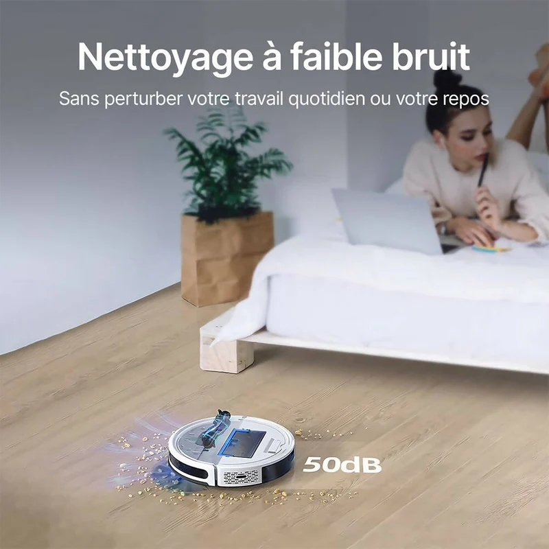 Robot Aspirateur Silencieux / Puissance d'aspiration 4000Pa / Itinéraires intelligents / Autonomie 150 min / Détection des tapis / Compatible Alexa, Google, Applis