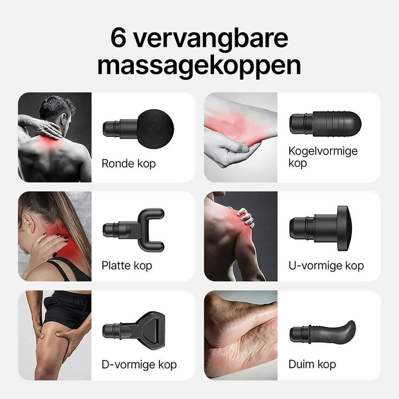 Spiermassagepistool met 30 snelheden / Maximaal 3200 omwentelingen per minuut / 6 massagekoppen / voor diepe weefsels en spiermassage