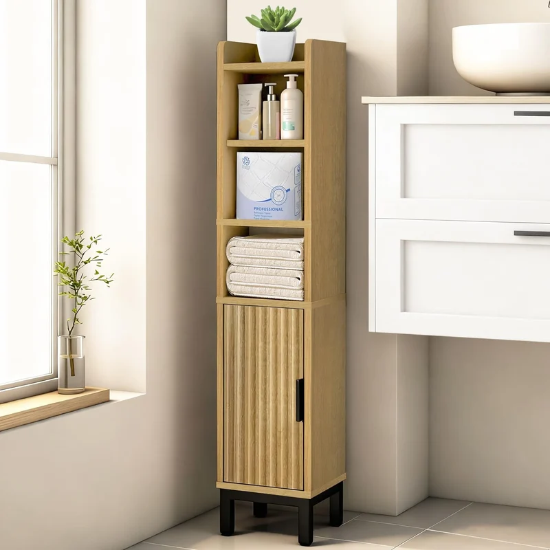 Five Tier Wooden Corner Bathroom Toilet Paper Storage Cabinet With Door