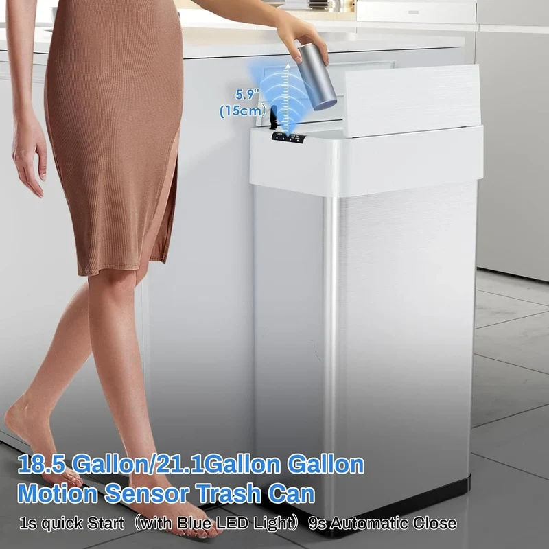13.2-21.1Gal (50-80L) Motion Sensor Trash Can for Kitchen Stainless Steel Garbage Can Gal Automatic Garbage Smart Bin