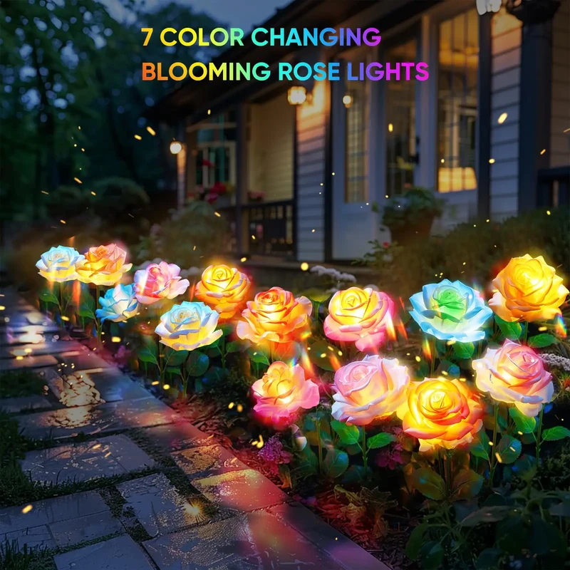 Solar Rose Flower Lights With Color Changing LED Pathway Decor