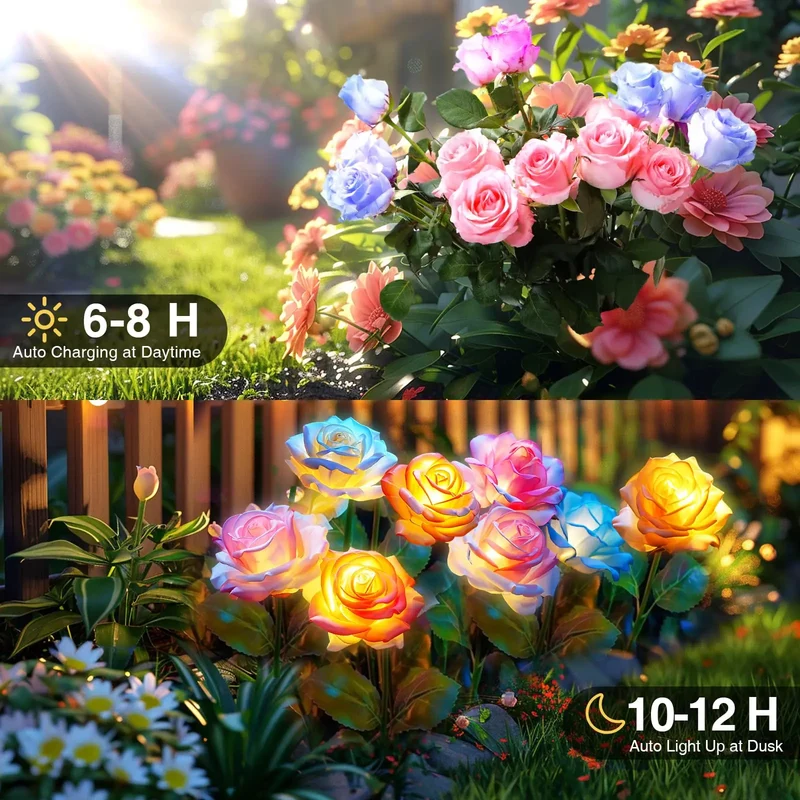Solar Rose Flower Lights With Color Changing LED Pathway Decor