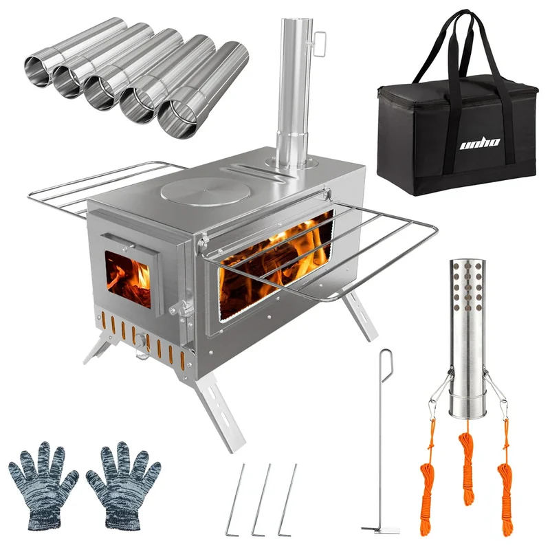 Unho Portable Wood Burning Tent Stove With Chimney Pipes