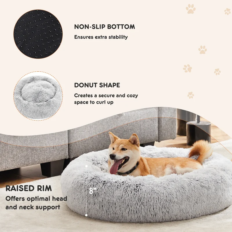 JHK Round Plush Faux Fur Calming Dog Bed for Medium to Large Dogs Washable Large Pet Bed Anti-Slip Fluffy Dog Bed For Home