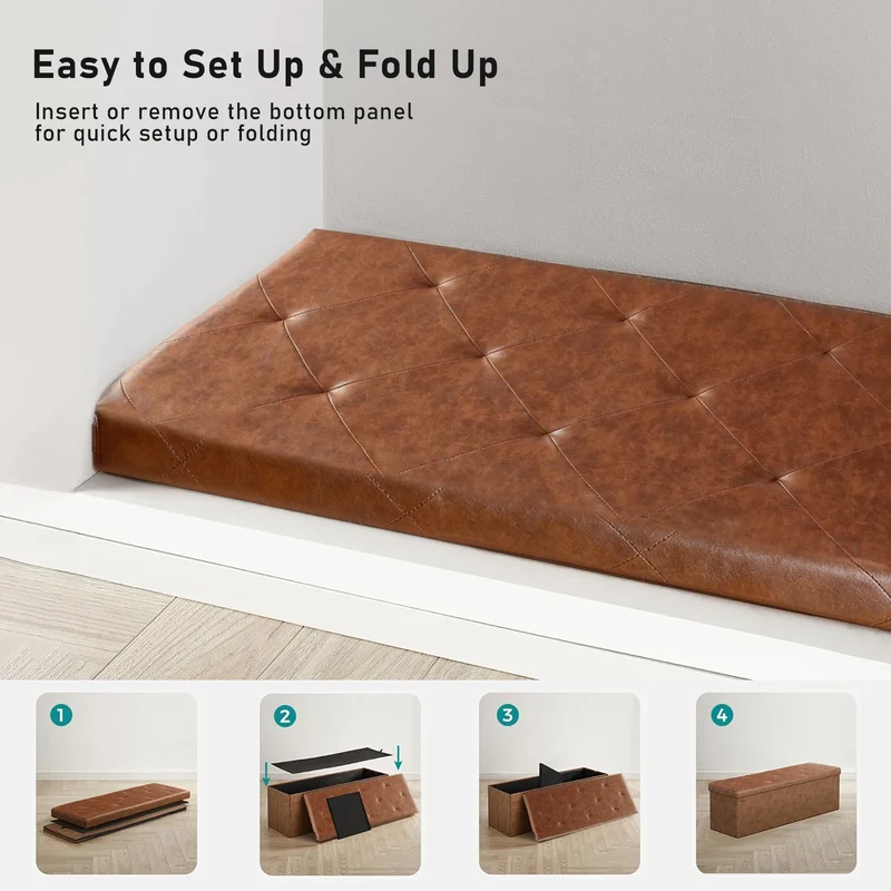 Tufted Faux Leather Storage Bench Folding Footrest Ottoman with 400lbs Weight Capacity, Large Blanket Toy Storage Organizer Chest for Bedroom