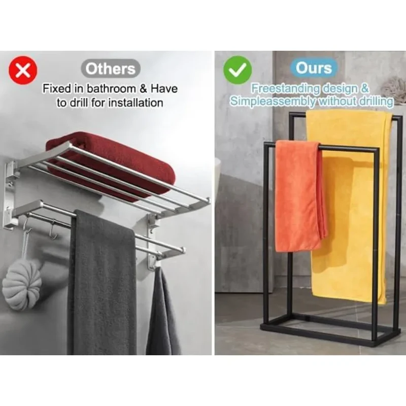Free Standing 2 Tier Towel Rack with Storage Shelves for Bathroom Poolside Blanket Drying Holder