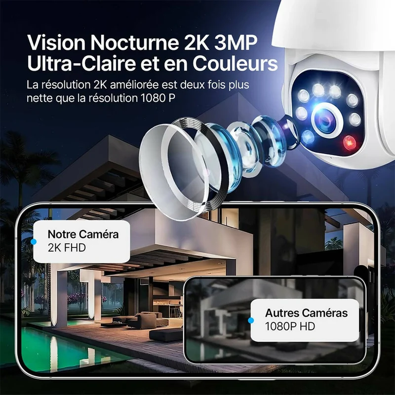 Caméra de surveillance extérieure 2K / Alimentée par câble / Caméra Wi-Fi étanche avec audio bidirectionnel / Surveillance extérieure avec vision nocturne et capteur de mouvement