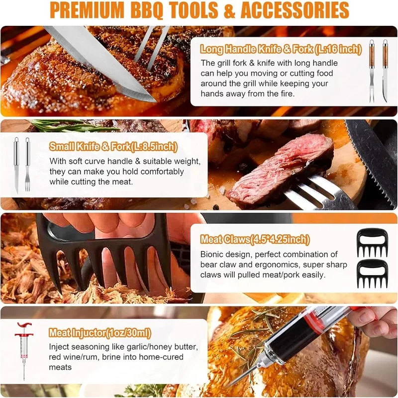 38 Piece Stainless Steel BBQ Tool Set with Thermometer Grill Mats and Aluminum Case for Camping or Backyard