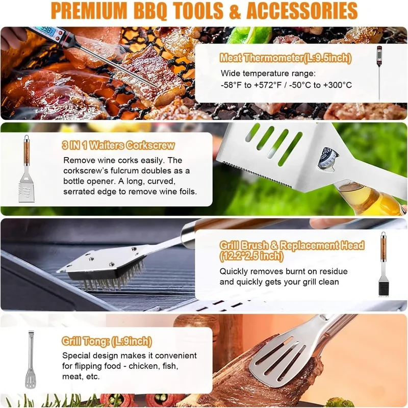 38 Piece Stainless Steel BBQ Tool Set with Thermometer Grill Mats and Aluminum Case for Camping or Backyard