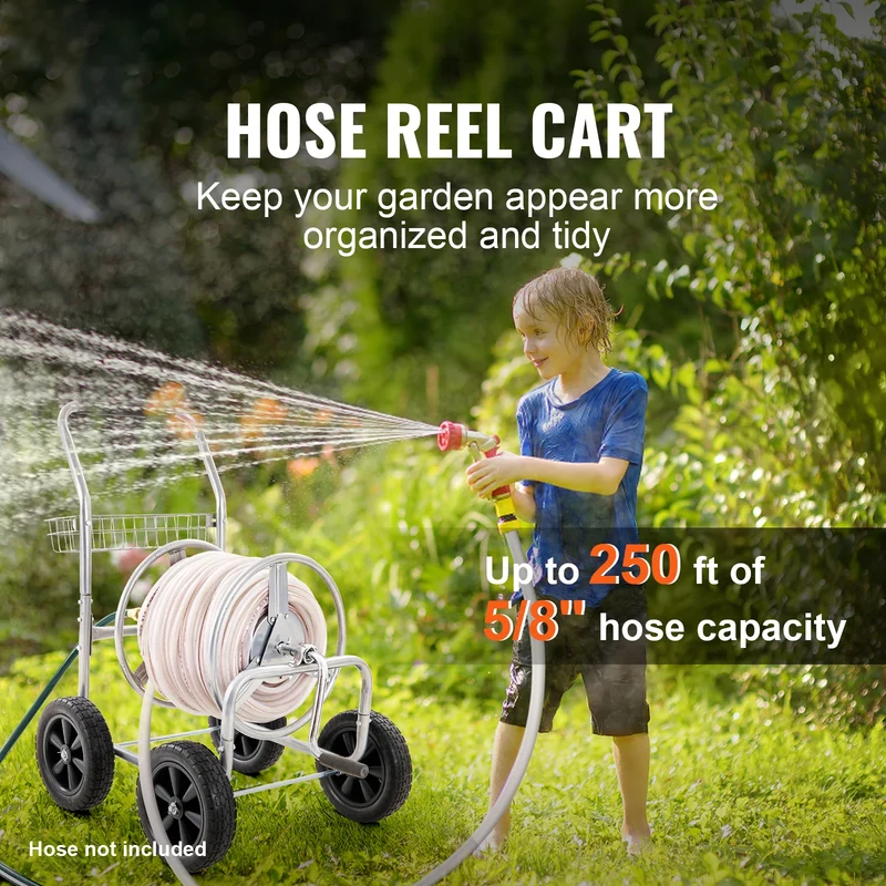 SucceBuy Hose Reel Cart 250ft Heavy Duty Garden Water Yard Planting w/ Basket Effortless Roll-up Versatile Application Steel