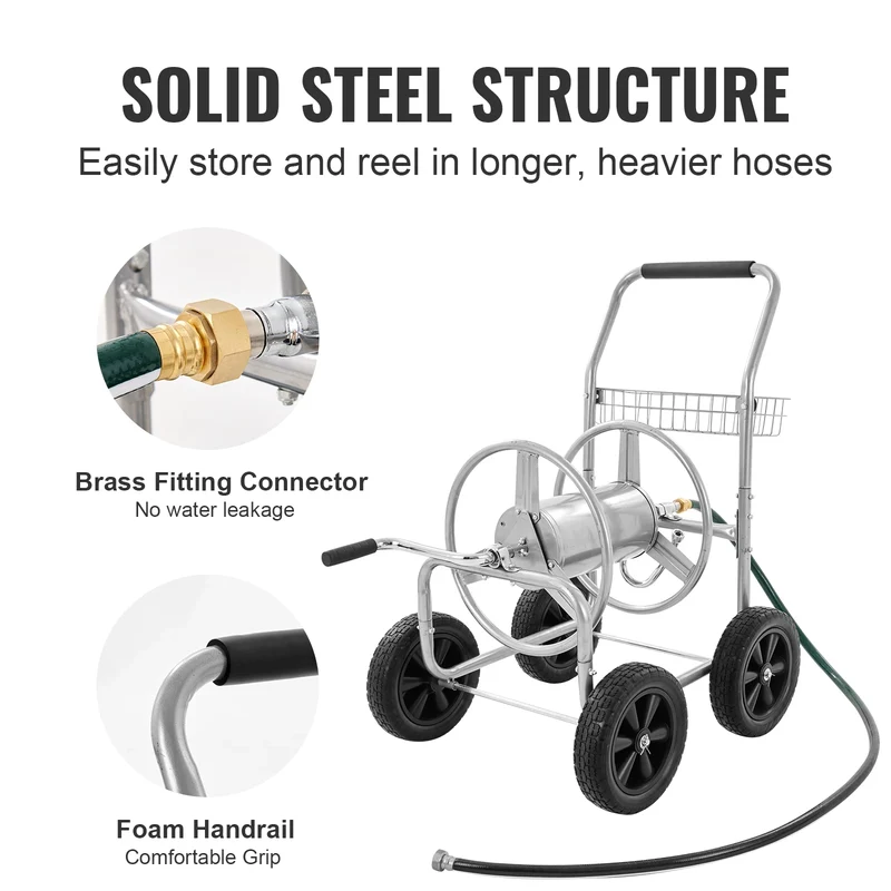 SucceBuy Hose Reel Cart 250ft Heavy Duty Garden Water Yard Planting w/ Basket Effortless Roll-up Versatile Application Steel