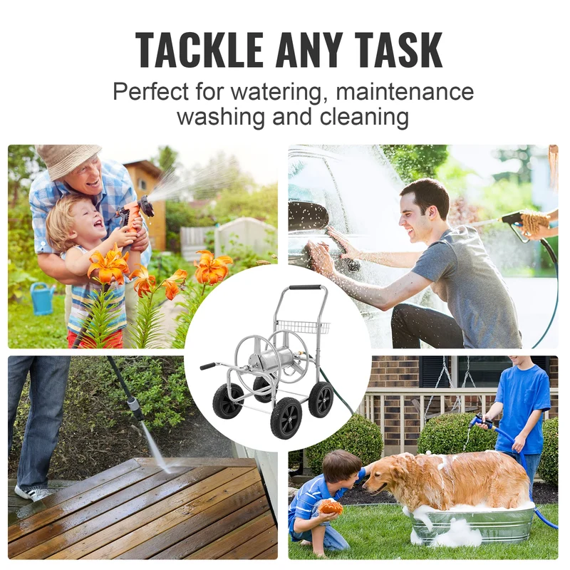 SucceBuy Hose Reel Cart 250ft Heavy Duty Garden Water Yard Planting w/ Basket Effortless Roll-up Versatile Application Steel