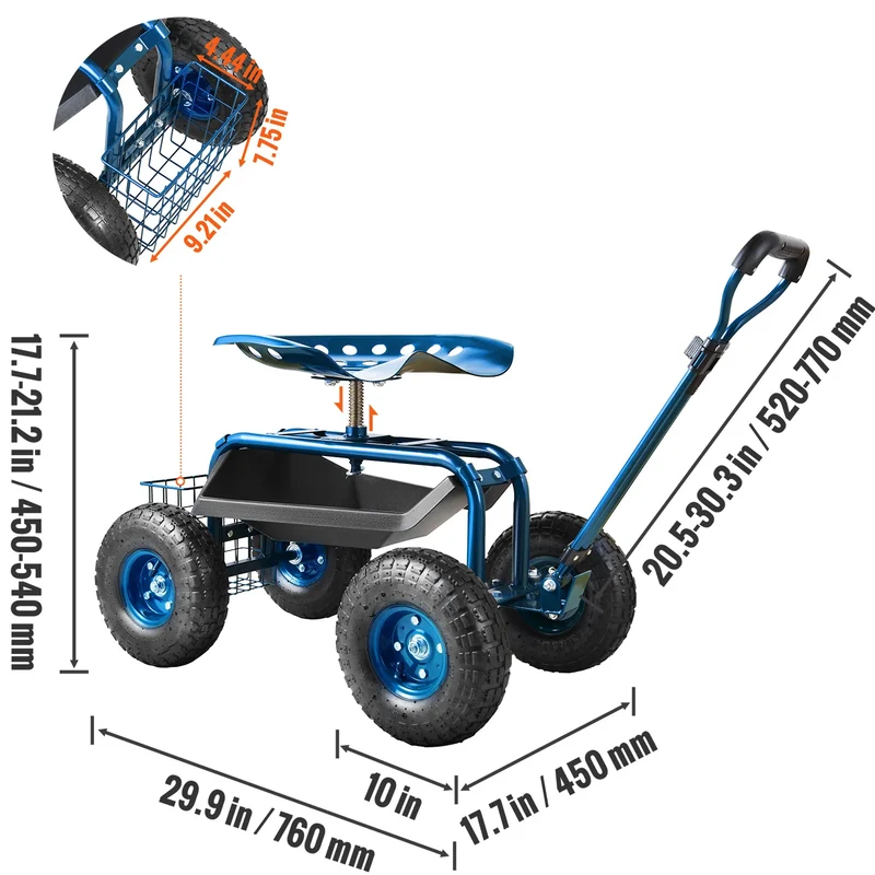 SucceBuy Garden Cart Rolling Workseat with Wheels Gardening Stool for Planting 360Degree Swivel Seat Wagon Scooter with Steering