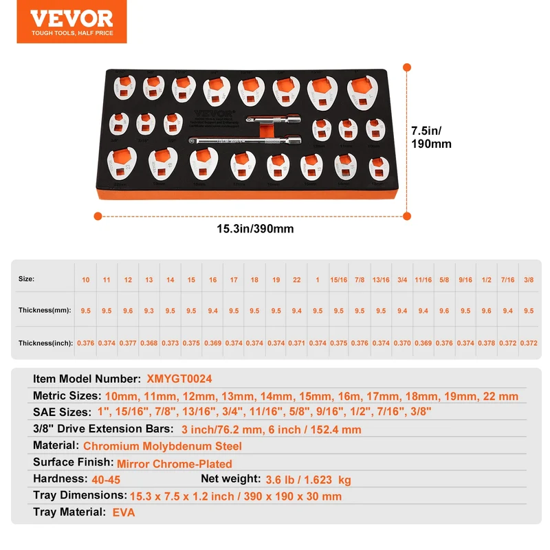 SucceBuy Chromium Vanadium Steel Crowfoot Wrench Set