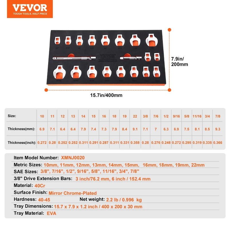 SucceBuy Chromium Vanadium Steel Crowfoot Wrench Set