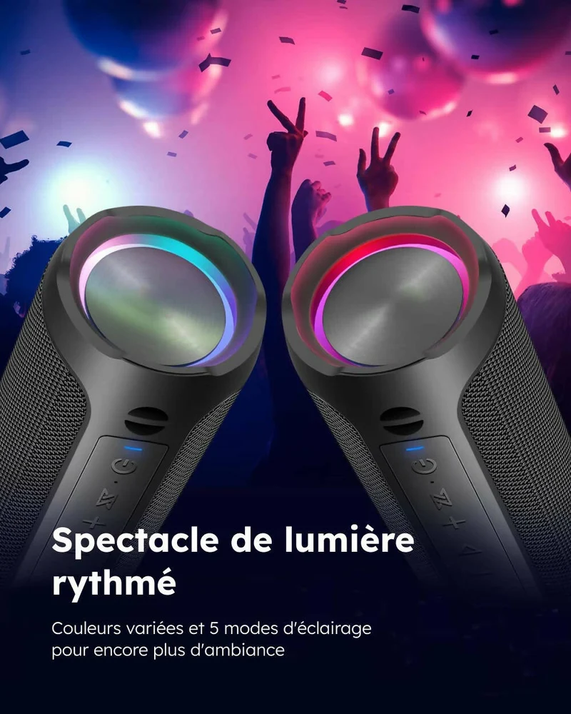 Haut-parleur Bluetooth 5.0 portable / Son stéréo puissant 360° / Basses profondes / Étanche IPX7 / Fonction mains libres / Lumière LED / Autonomie de 24H