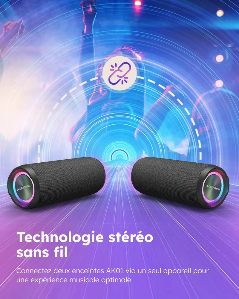 Haut-parleur Bluetooth 5.0 portable / Son stéréo puissant 360° / Basses profondes / Étanche IPX7 / Fonction mains libres / Lumière LED / Autonomie de 24H