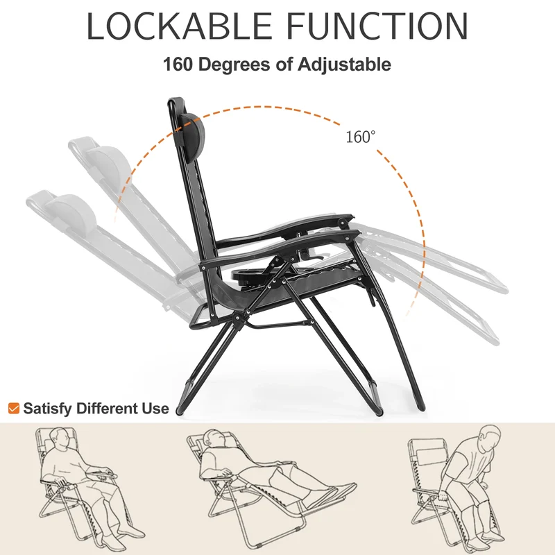 JHK Zero Gravity Portable Recliner Camping Patio Outdoor Garden Lounge Chair with Cup Holder Trays Adjustable Pillow for Backyard