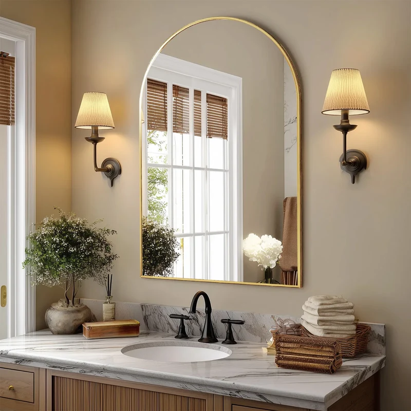 JHK Arched Metal Framed Bathroom Mirror For Modern Wall Decor