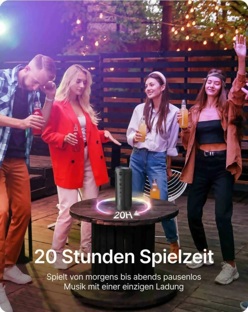 Bluetooth Lautsprecher Pro / Kraftvoller Stereo Sound / IPX7 Wasserdicht / Freisprechfunktion / Optionales LED Licht / 20h Akkulaufzeit