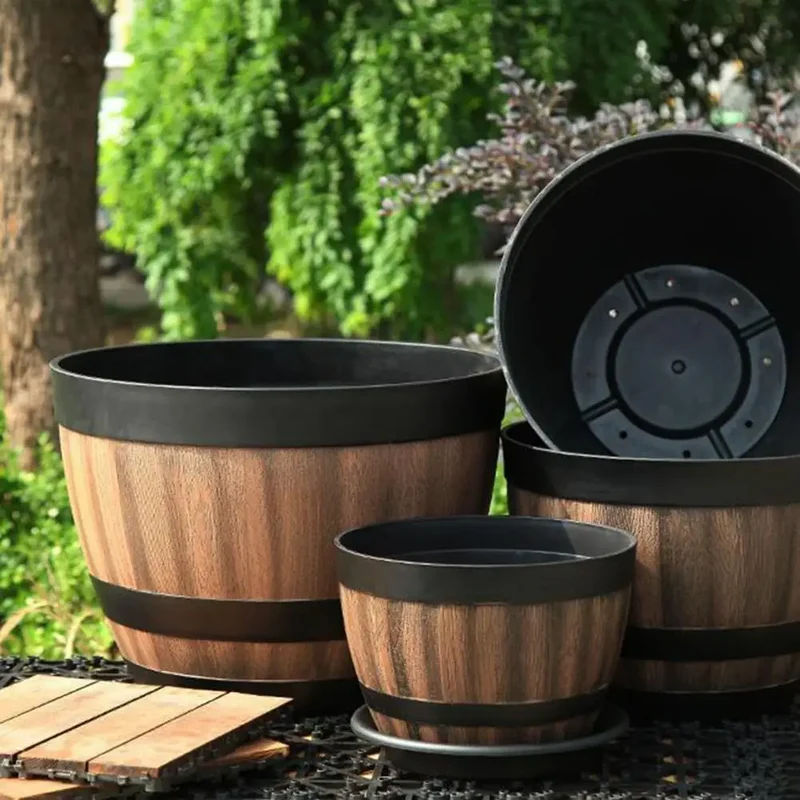 Rustic Farmhouse Whiskey Barrel Plastic Planter With Drainage