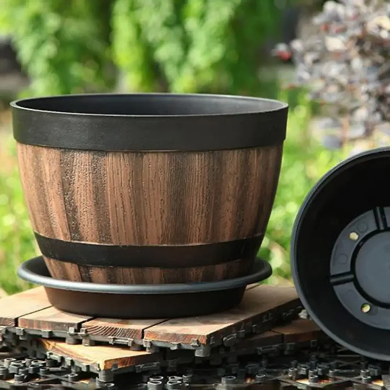 Rustic Farmhouse Whiskey Barrel Plastic Planter With Drainage