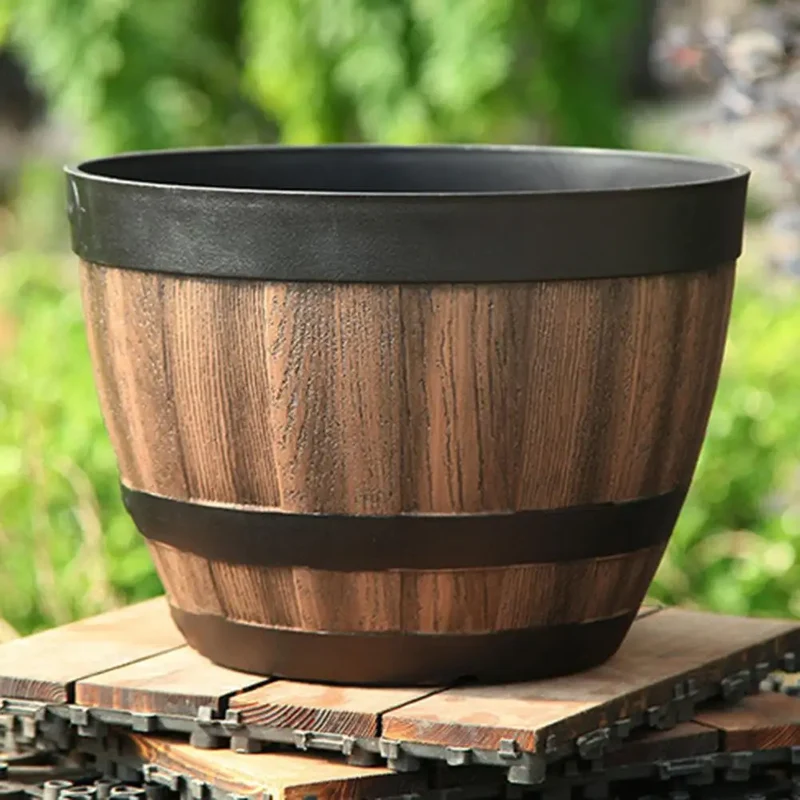 Rustic Farmhouse Whiskey Barrel Plastic Planter With Drainage