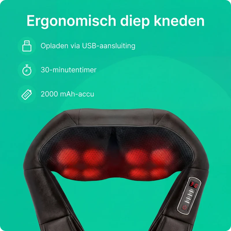 Nekmassageapparaat met warmtefunctie voor nek, schouders & rug / Elektrische diepe weefselmassage / 3 instelbare snelheden / Geschikt voor thuis, kantoor & auto