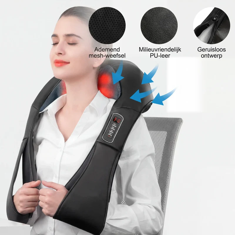 Nekmassageapparaat met warmtefunctie voor nek, schouders & rug / Elektrische diepe weefselmassage / 3 instelbare snelheden / Geschikt voor thuis, kantoor & auto