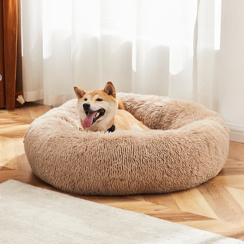 JHK Calming Round Dog Bed Fluffy Plush Washable Faux Fur