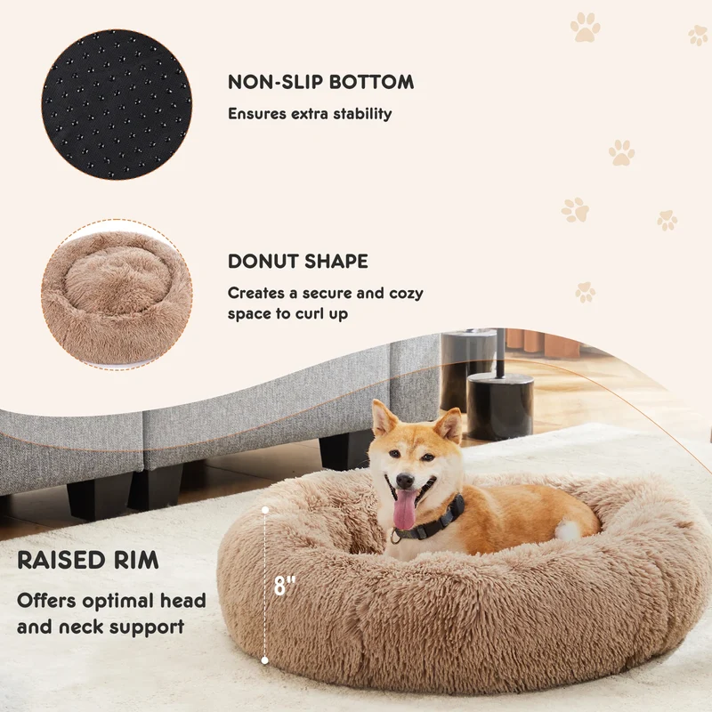 JHK Calming Round Dog Bed Fluffy Plush Washable Faux Fur