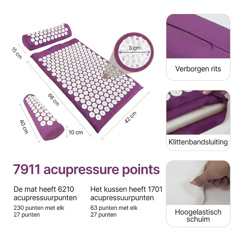 Acupressuurmat / Volledige lichaamsmassage tegen spanningen & pijn / 7.911 massagepunten / Incl. hoofdkussen en draagtas