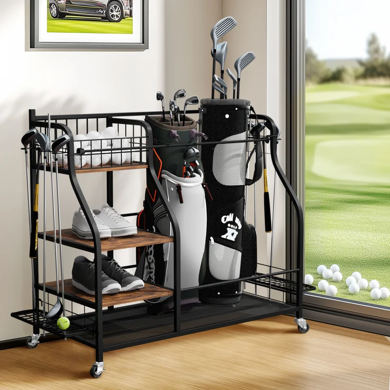Rolling Metal Three Tier Storage Rack for Golf Bags