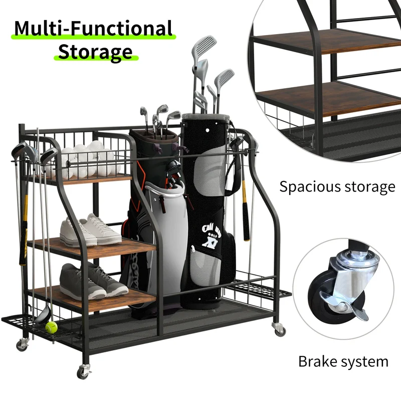Rolling Metal Three Tier Storage Rack for Golf Bags